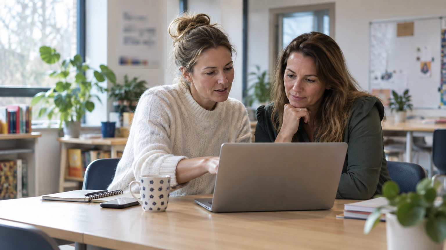 Twee collega's bekijken samen informatie op een laptop op school.