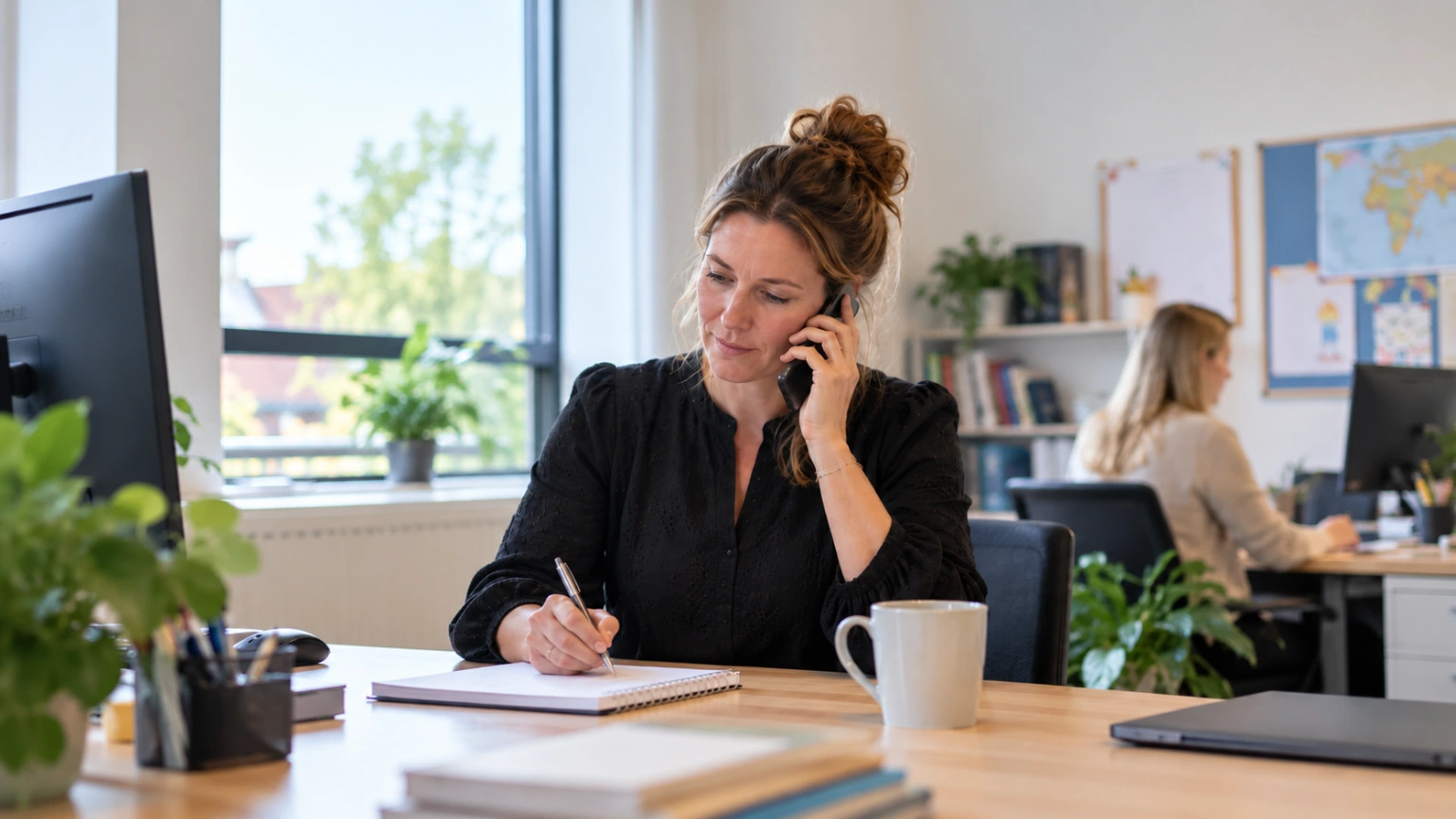 Een medewerker stemt telefonisch af en maakt aantekeningen.