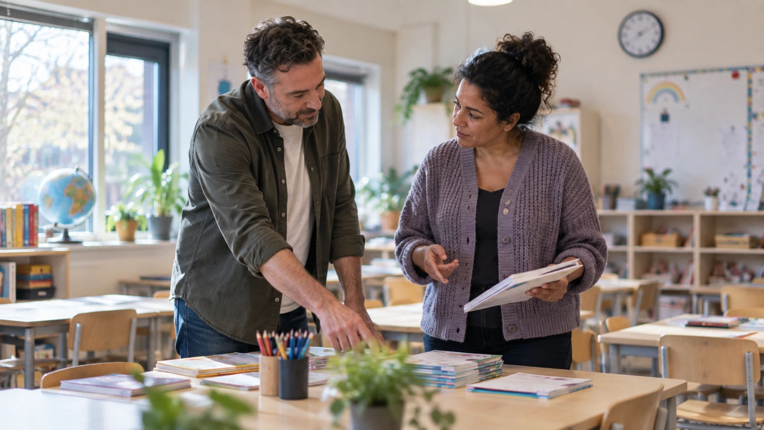 Twee onderwijsprofessionals bespreken lesmateriaal in de klas.